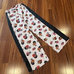 Neon Rose Pink Black Pants Floral Print Racer Stripe Satin Feel Wide Leg Size XS